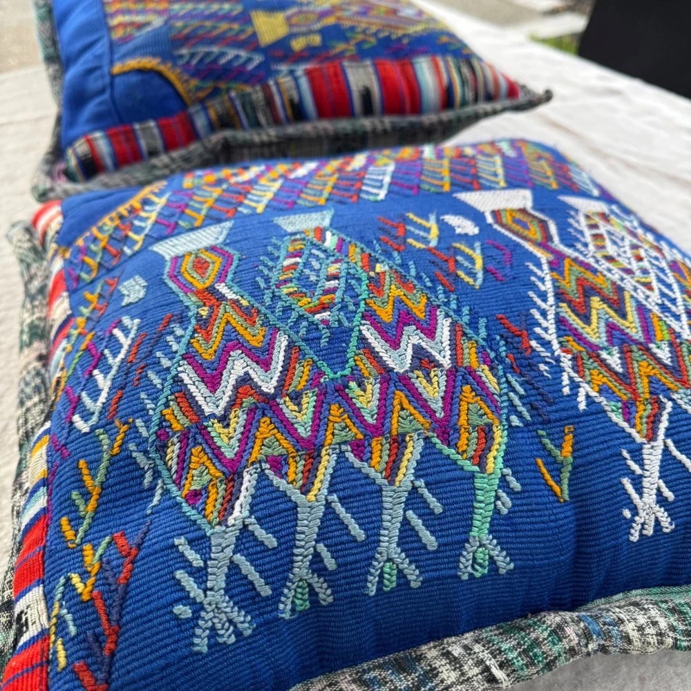 Vintage Guatemalan Maya Textile Pillows 2pc set Blue Hand Embroidered Huipil 17